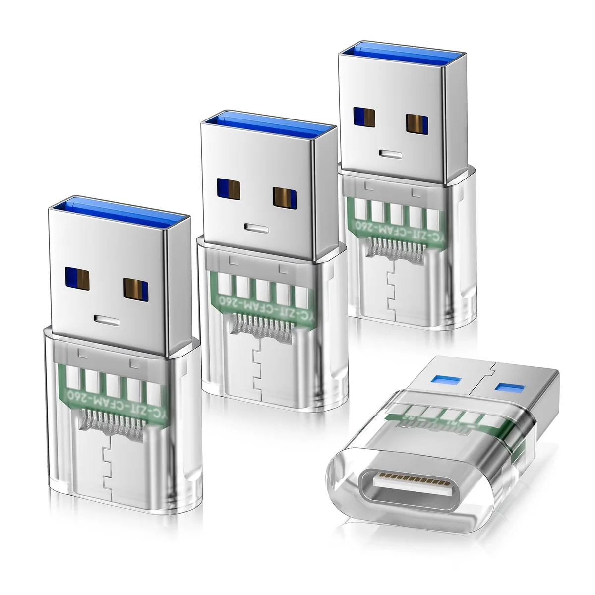 Four transparent USB-A male to USB-C female adapters