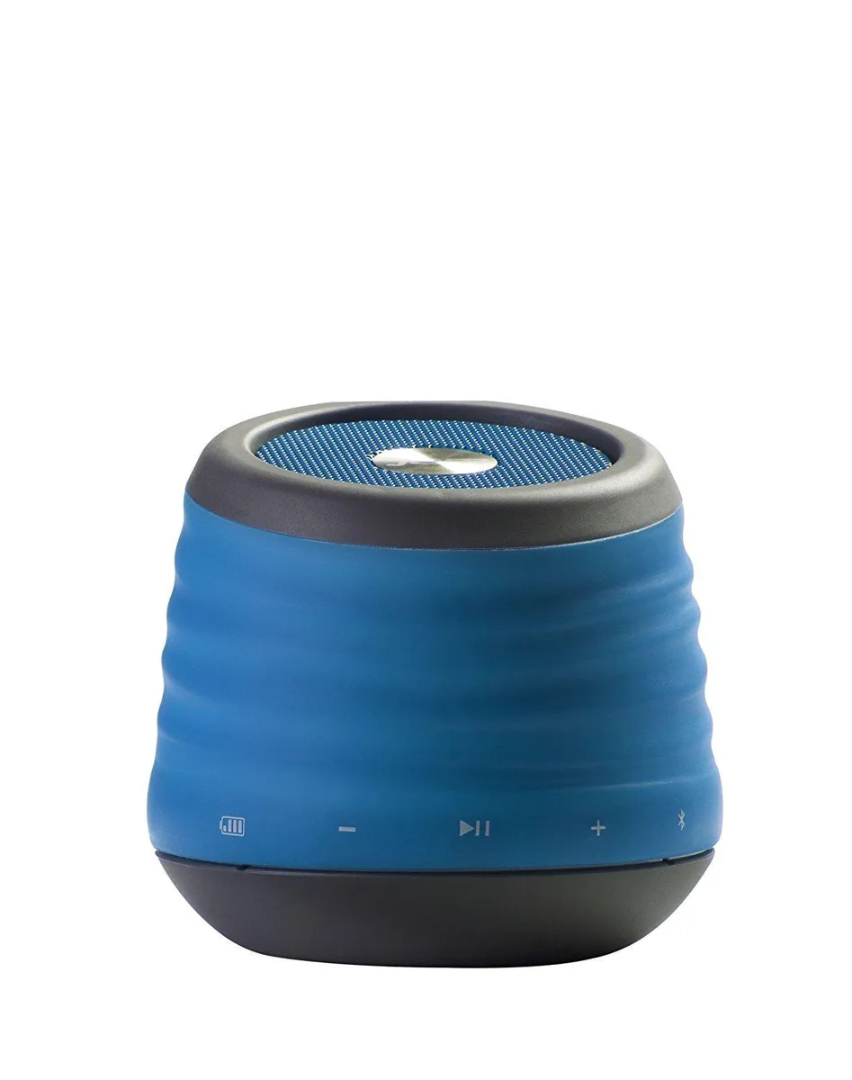 Compact blue wireless speaker with carabiner clip, IP64 rated, 2.4 by 3.96 by 1.3 inches