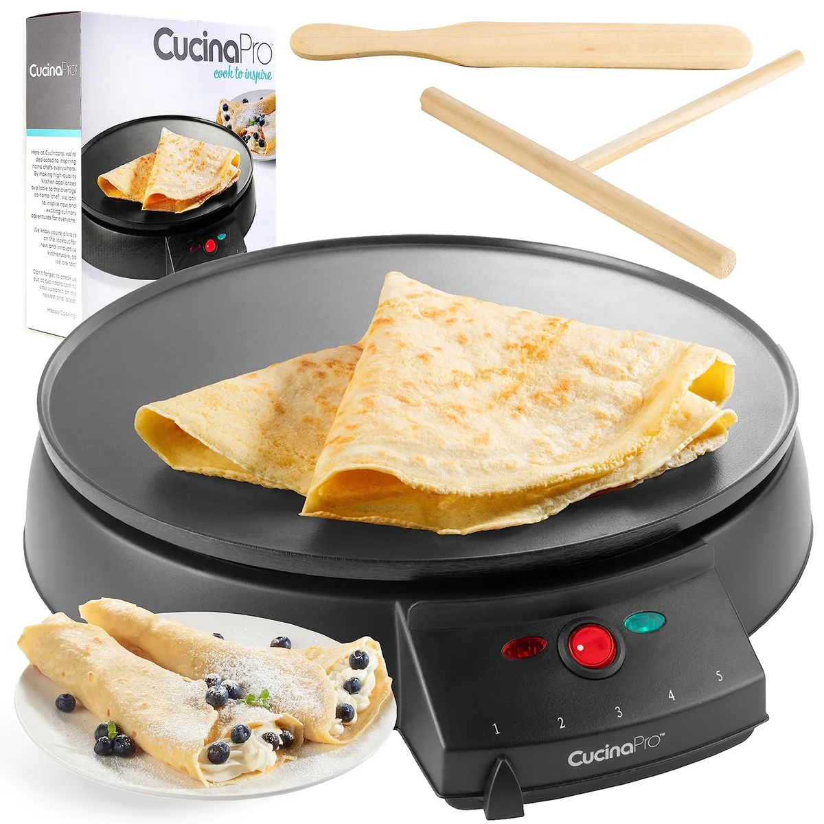 Black 12-inch electric griddle with non-stick surface and indicator light