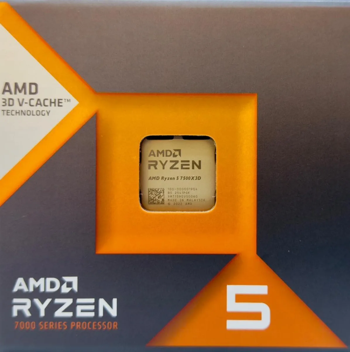 AMD AMD Ryzen 5 7500X3D desktop processor 6 cores 12 threads 4.0 GHz base 4.5 GHz max 65 W 102 MB cache — product photo