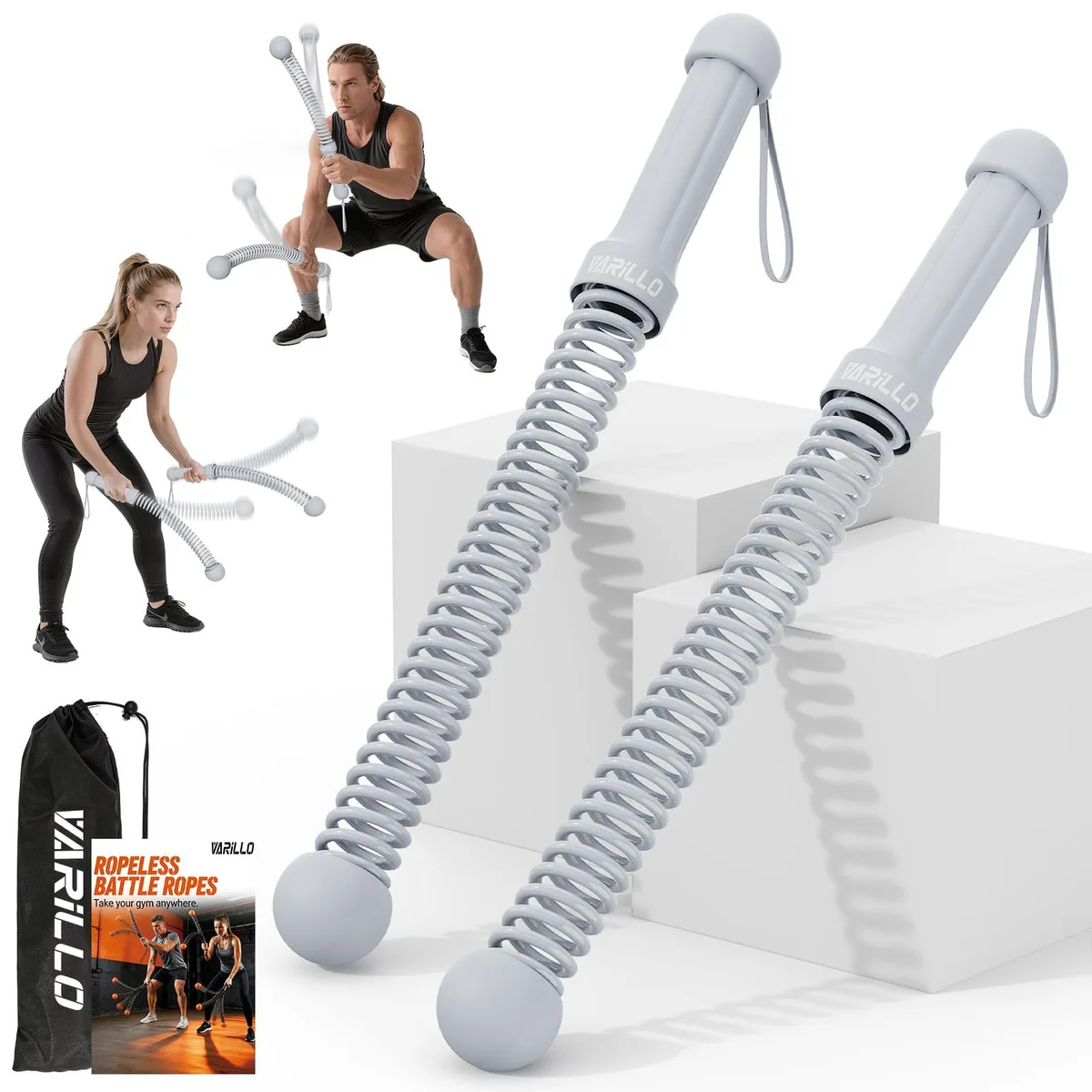 Grey rubber weighted battle rope with ergonomic handles and storage bag