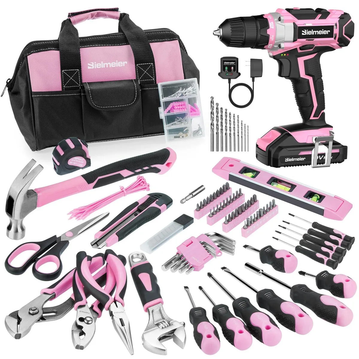 Pink cordless drill kit with 236 pieces in pink fabric bag