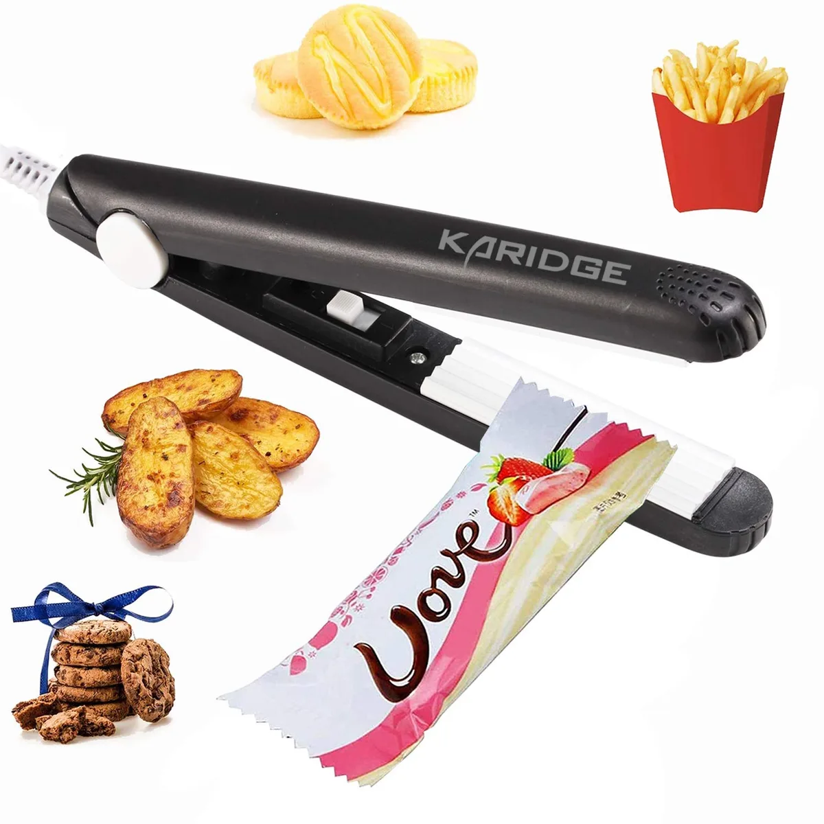 Black handheld bag sealer with power cord and storage case