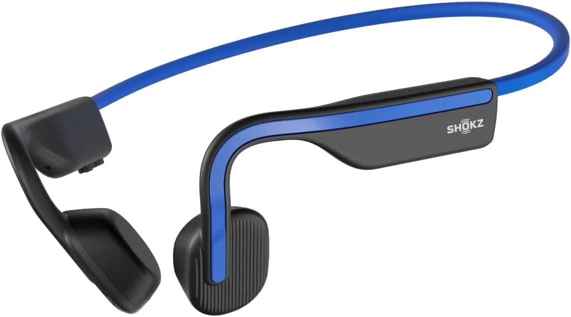 Blue open-ear bone conduction headphones with wraparound titanium frame