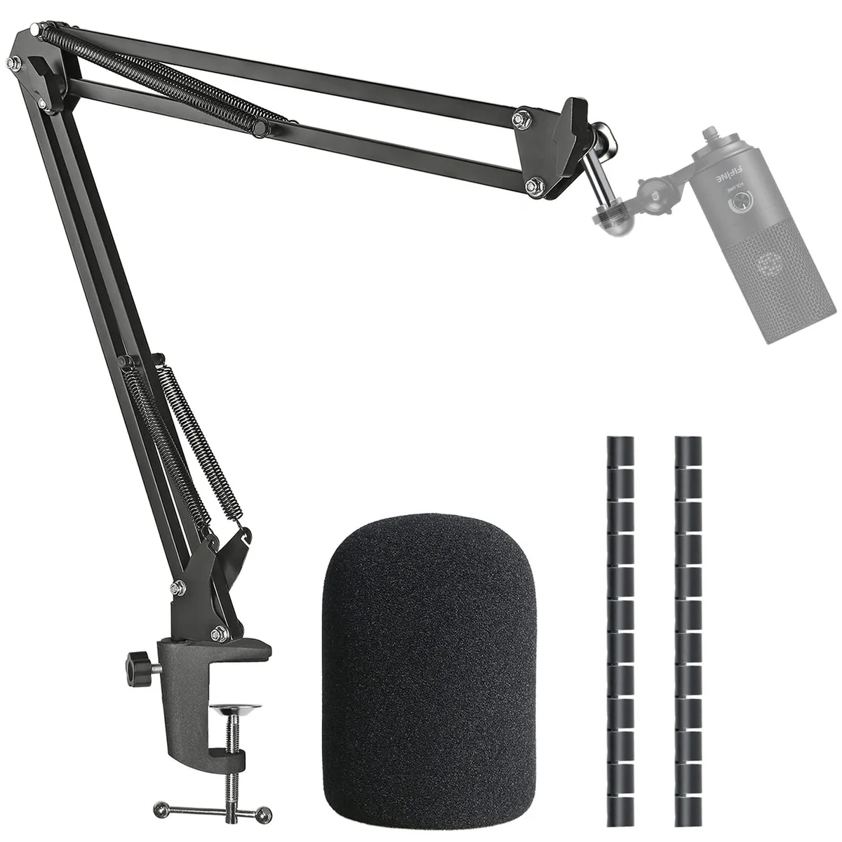 Black suspension boom arm with foam pop filter and cable sleeves on a desk clamp