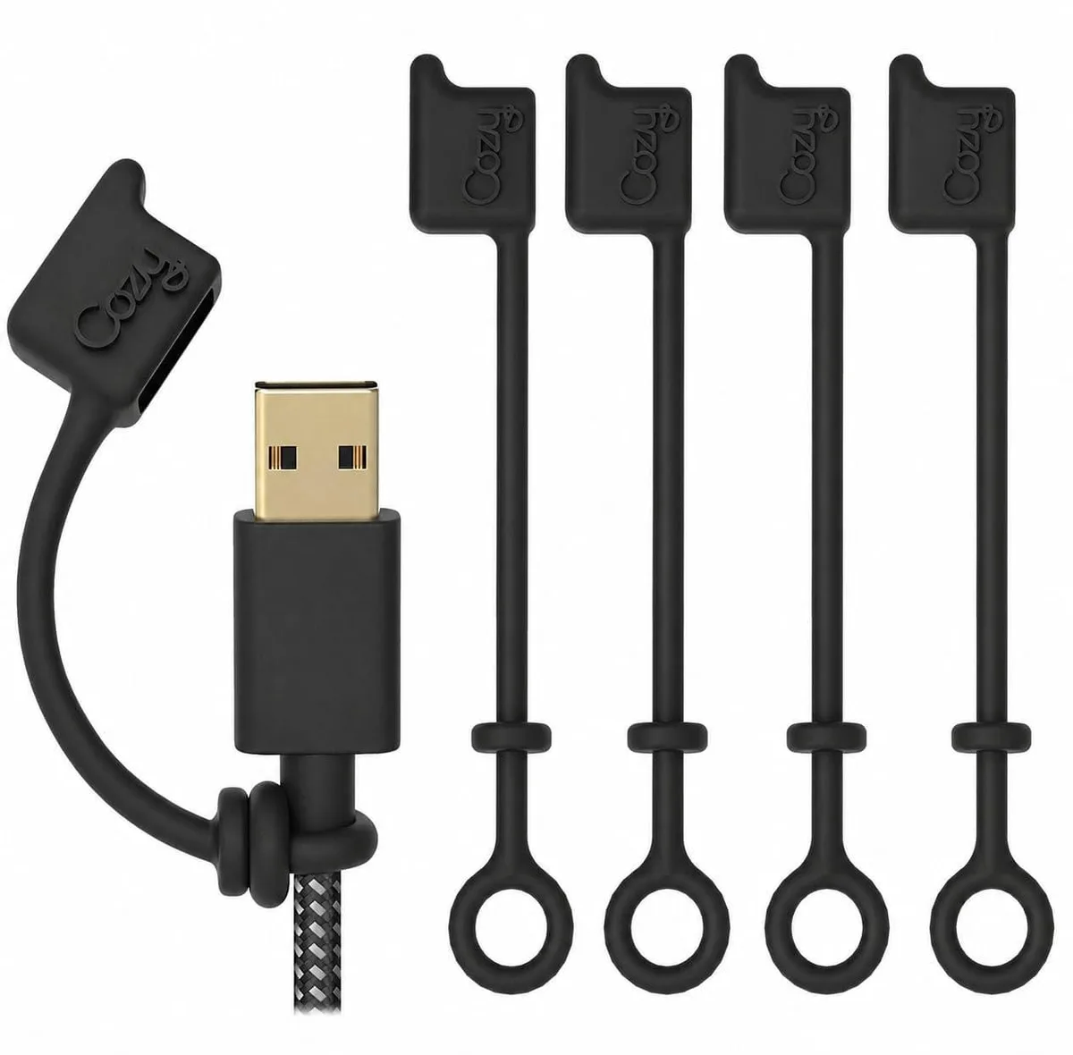 Five black silicone USB-A caps with tether loops