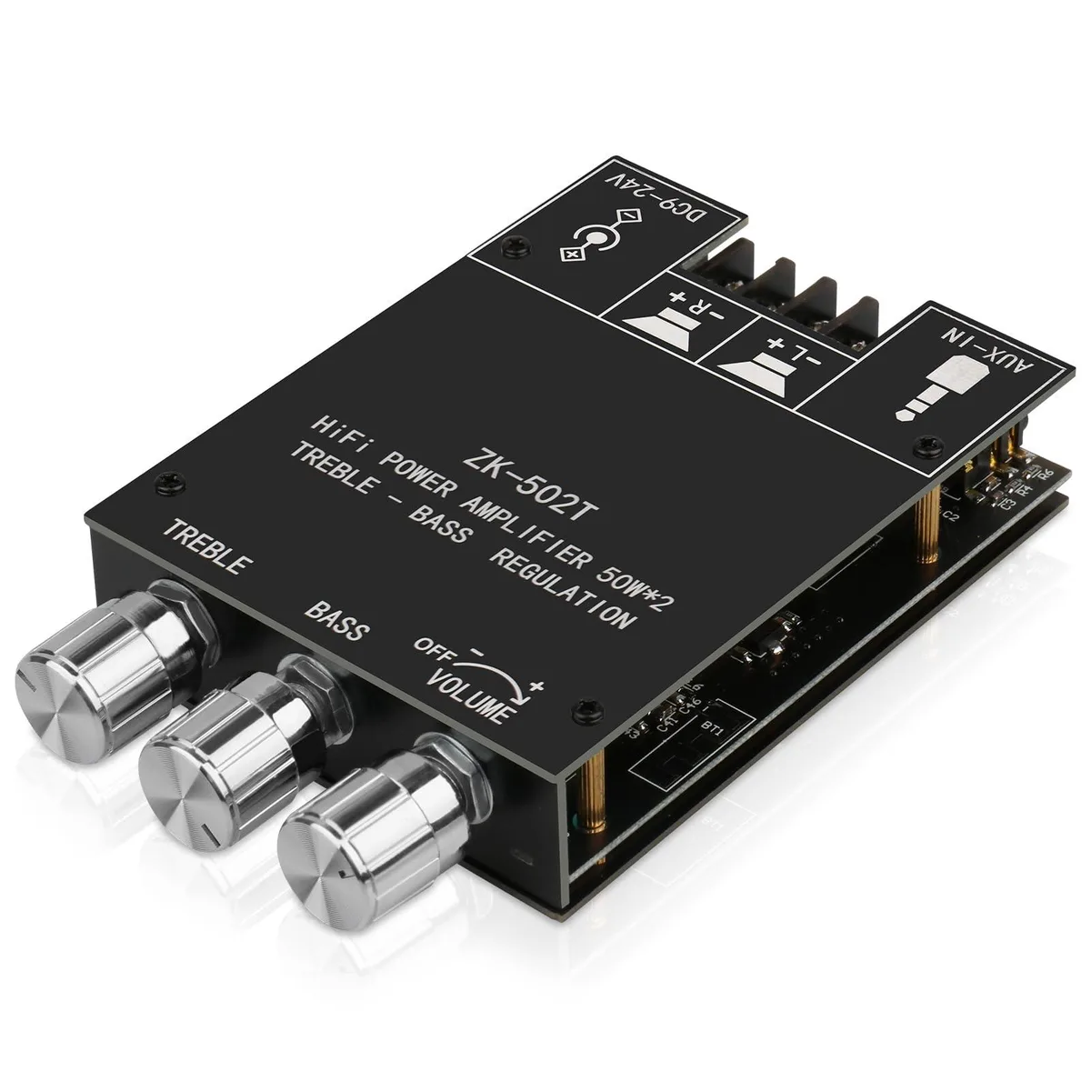  ZK-502T 2.0 Channel Bluetooth 5.0 Amplifier Board 50W+50W AUX DC12-24V — product photo