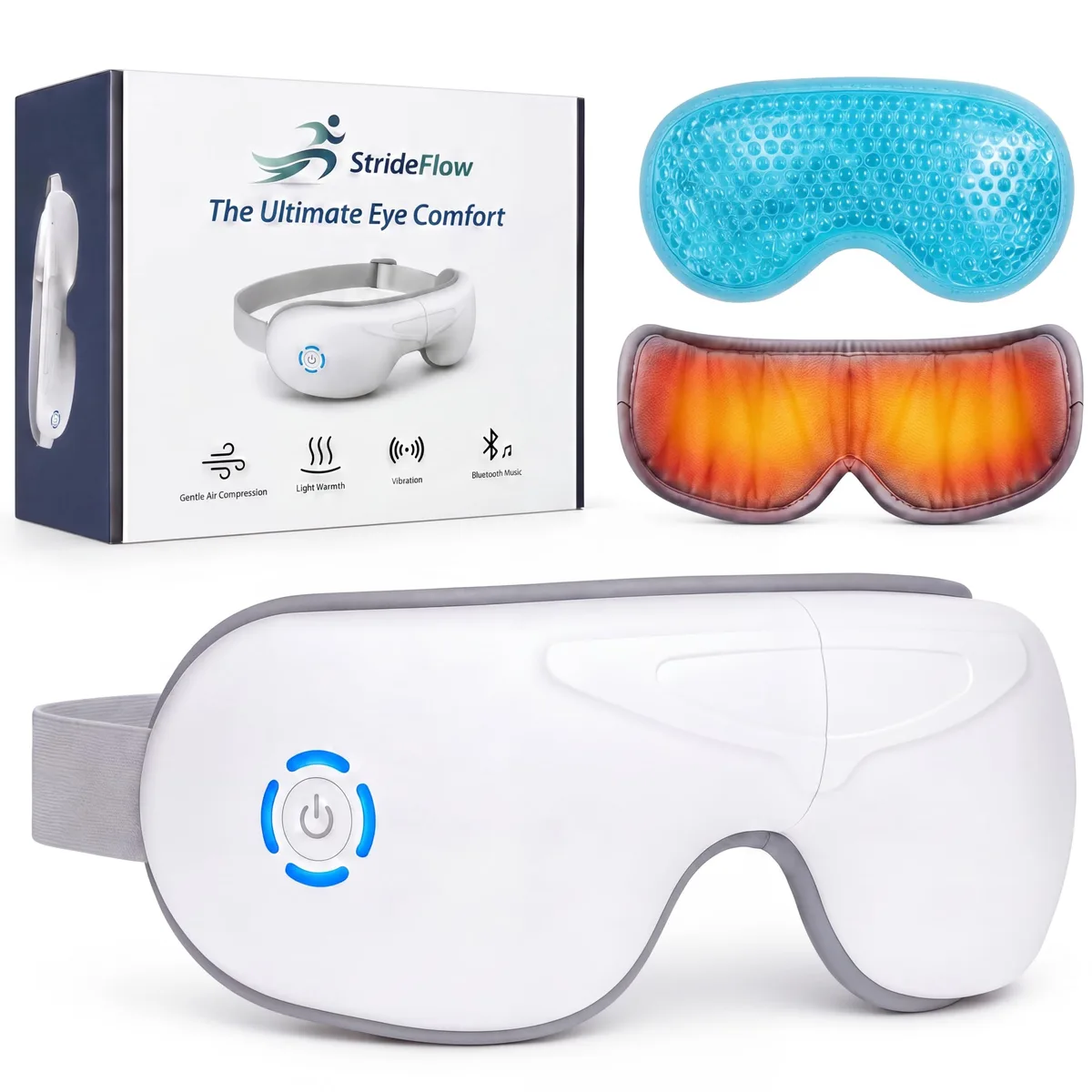 White foldable eye massager with fabric front and foam padding