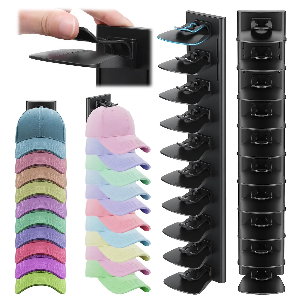 Two black multilayer hat storage racks with adhesive and screw mounts visible