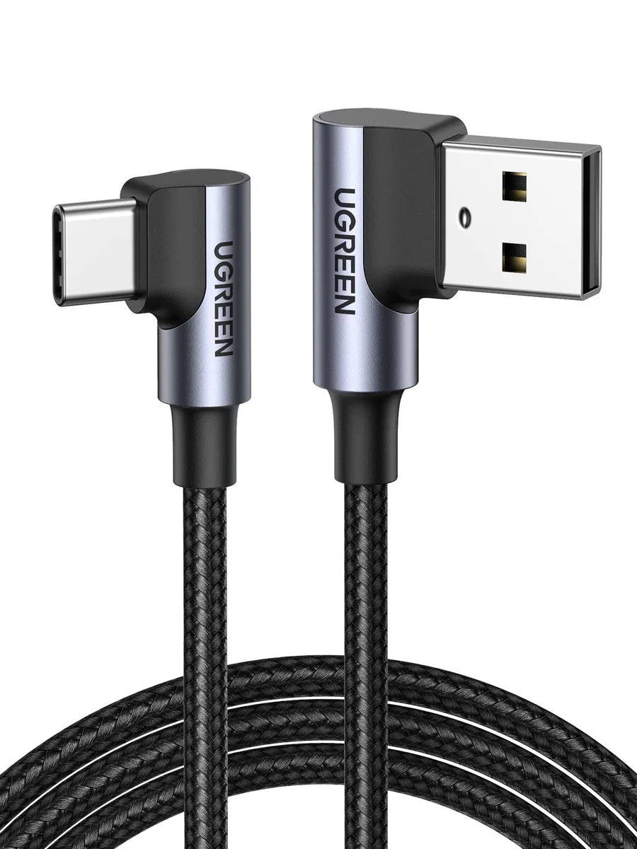 Black nylon-braided USB-A to USB-C cable with 90-degree connector, 3.3 ft