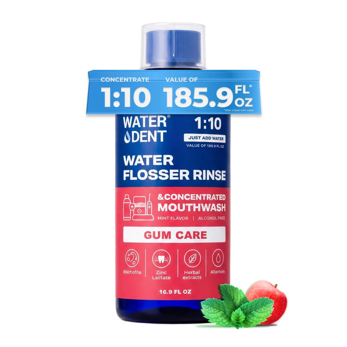 Clear 16.9 fl oz bottle of Apple Mint oral rinse concentrate