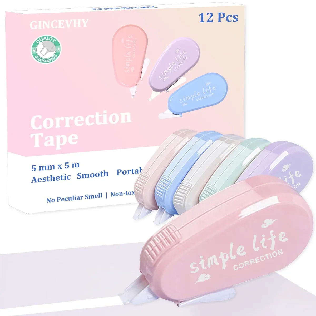 Twelve pastel correction tape applicators in protective caps