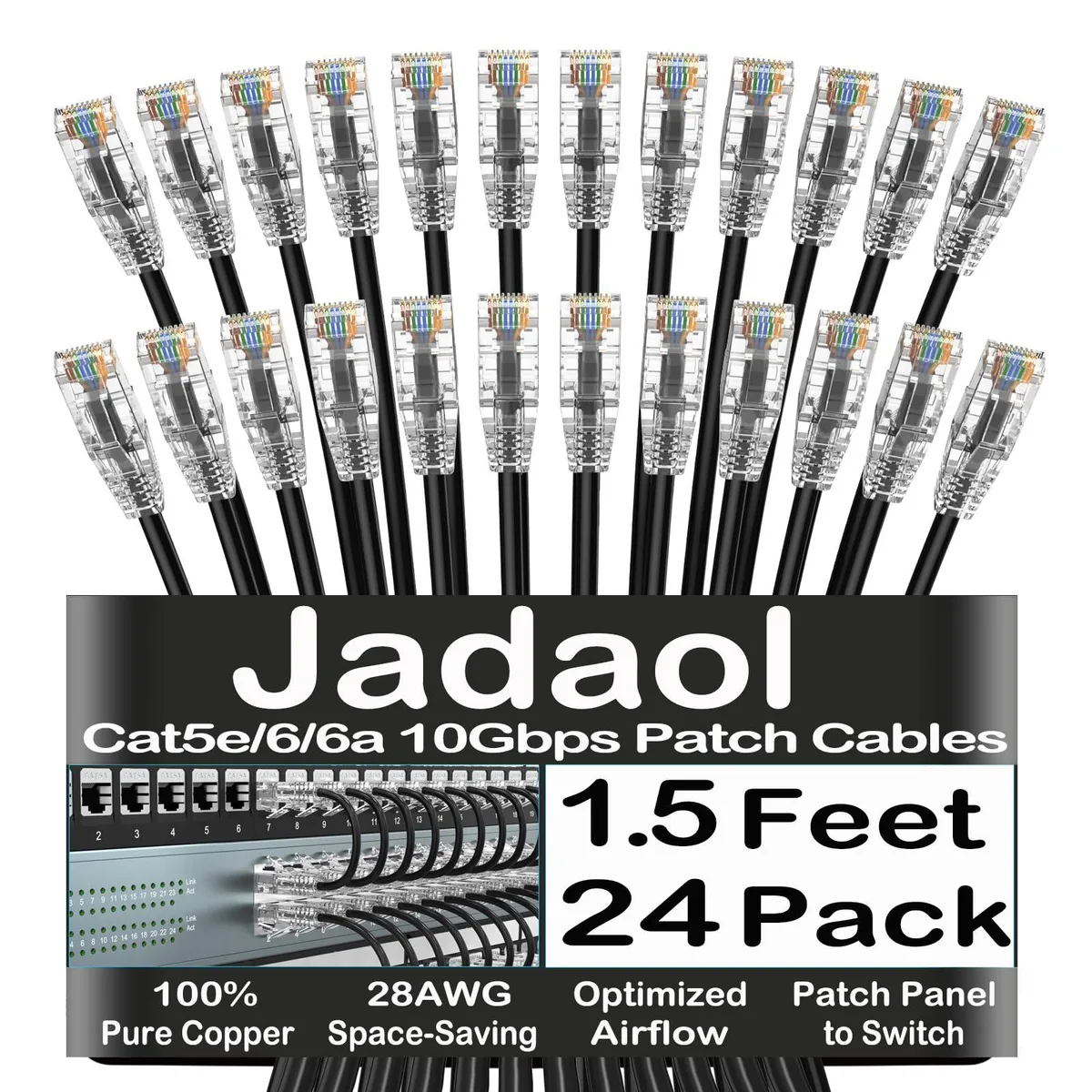 Twenty-four slim black Cat5e patch cables 1.5ft long with snagless RJ45 connectors
