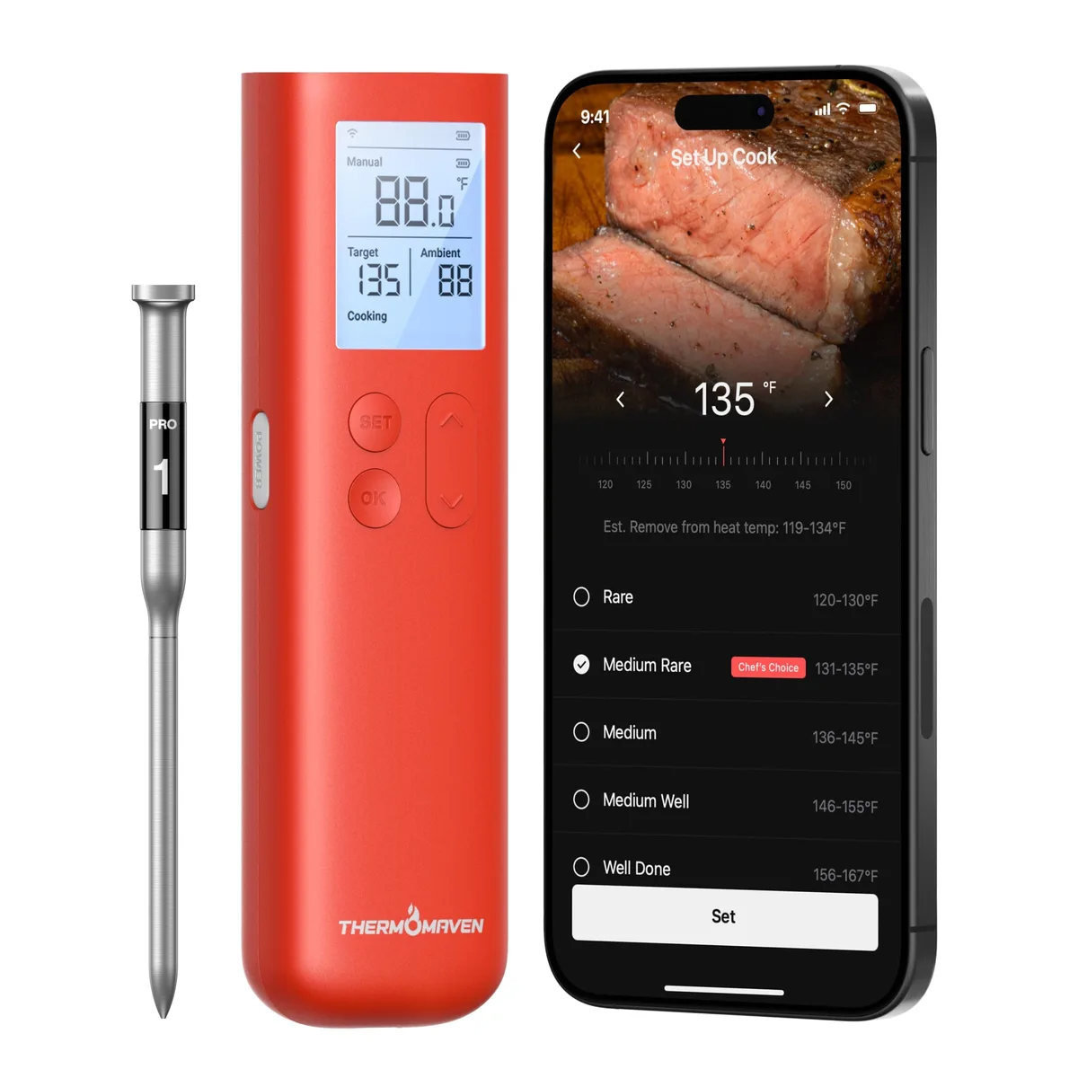 Red wireless meat thermometer probe and matching display base