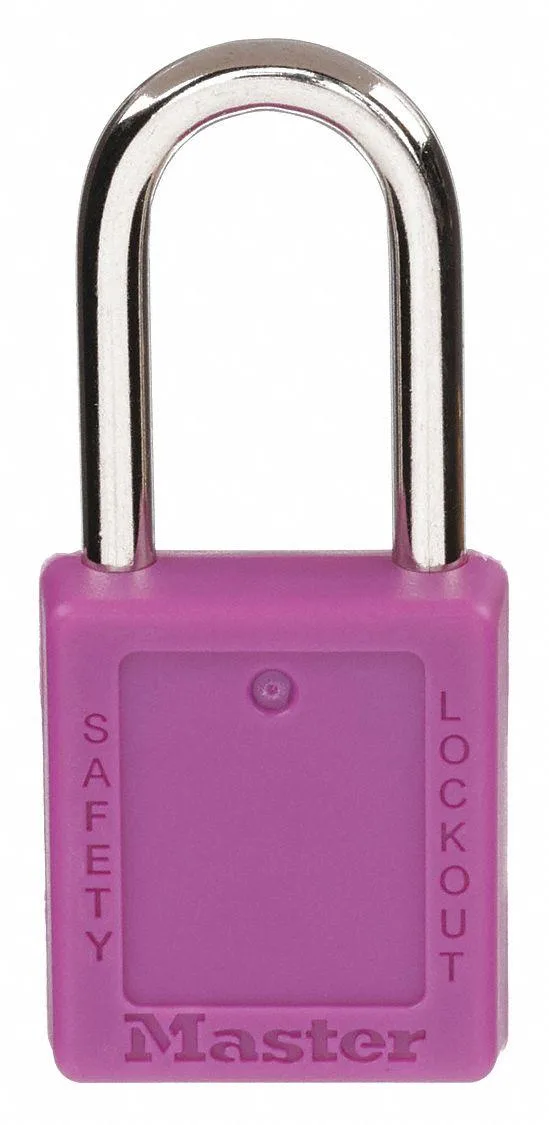 Six purple thermoplastic padlocks with metal shackles
