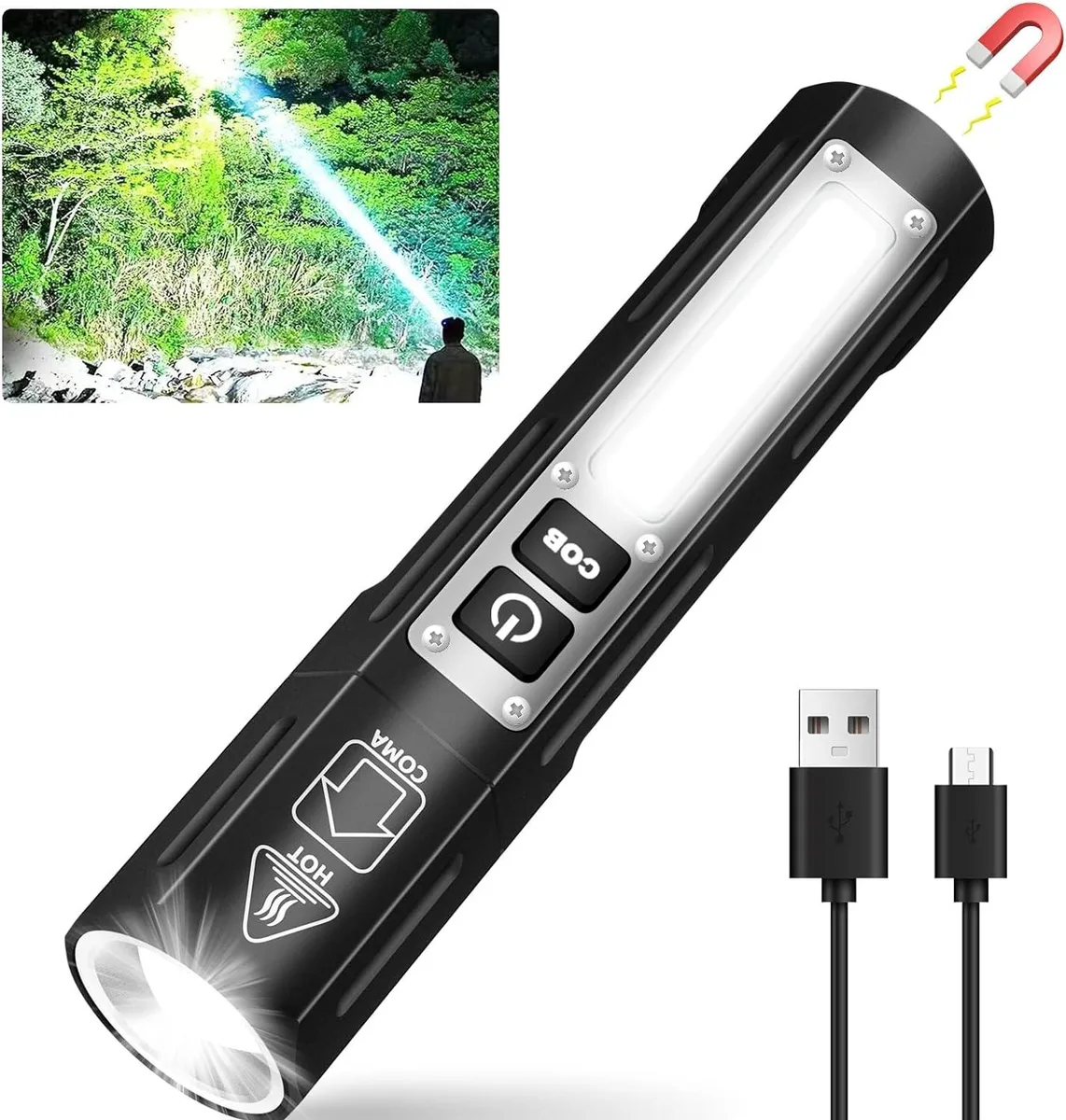 Compact rechargeable flashlight with magnetic tail cap and COB side panel, dual switches, matte finish