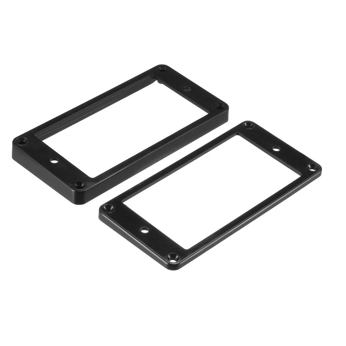 Two black plastic humbucker mounting rings, flat bottom, different heights for neck and bridge positions