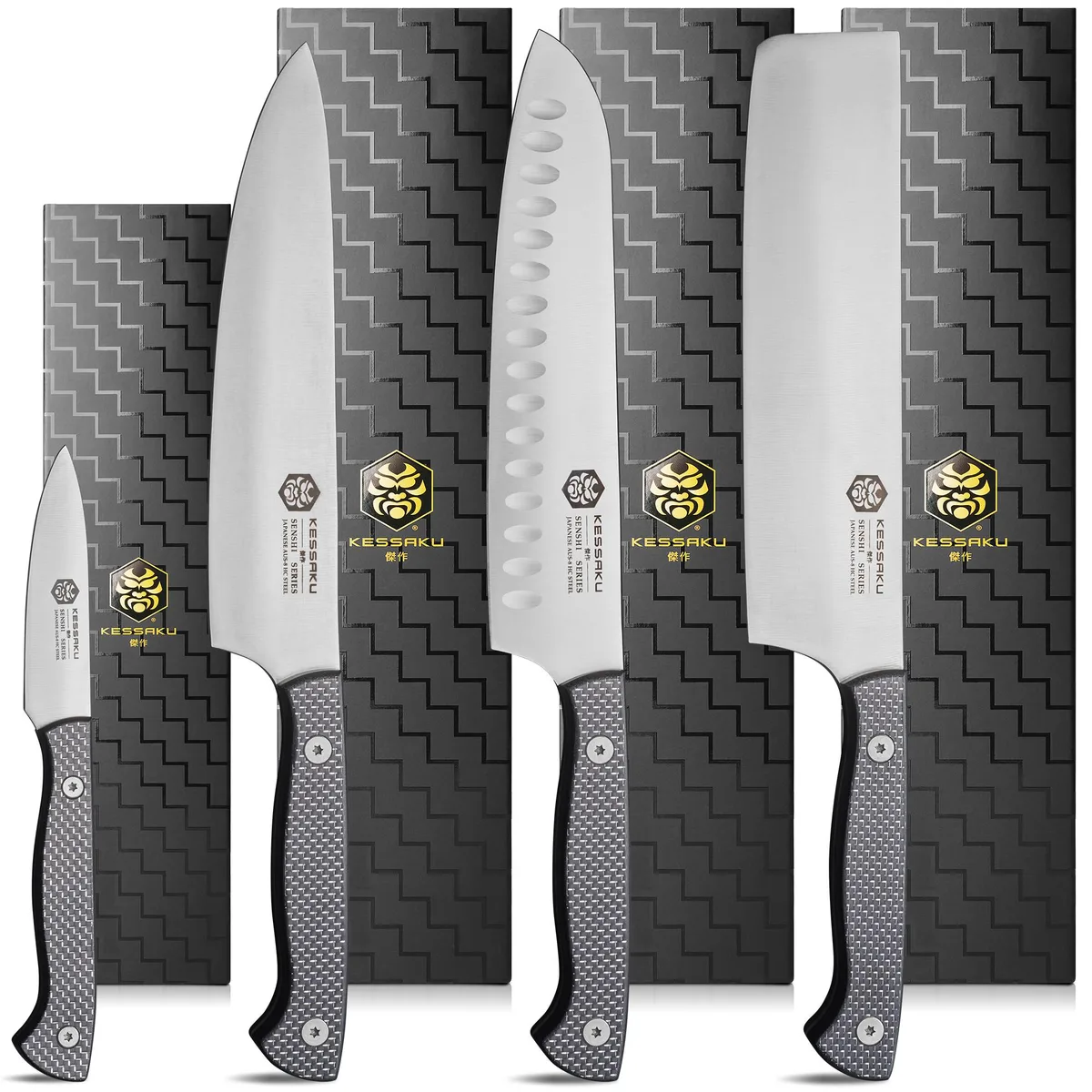 Kessaku Kessaku Senshi Series 4-Piece Knife Set — 8″ Chef, Santoku, Nakiri, 3.5″ Paring, AUS-8, G10 Handle — product photo