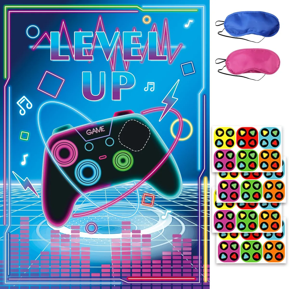 Pin The Button Video Game Party Game poster-2025 20.5x28.3 in 24 buttons 2 blindfolds — product photo