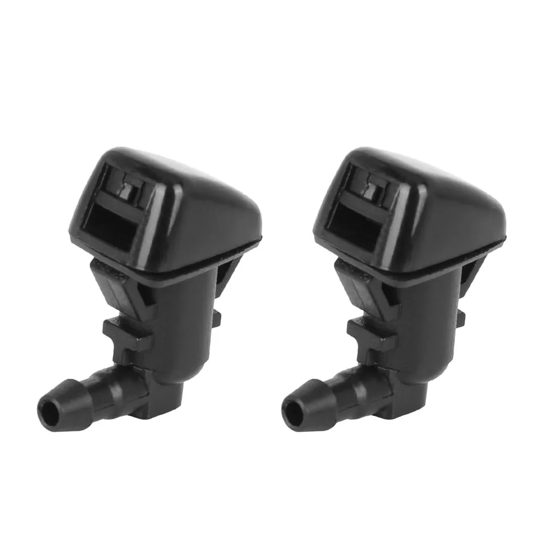 Two black plastic front washer nozzles, 30 by 17 by 33 mm, single 2.9 mm hole