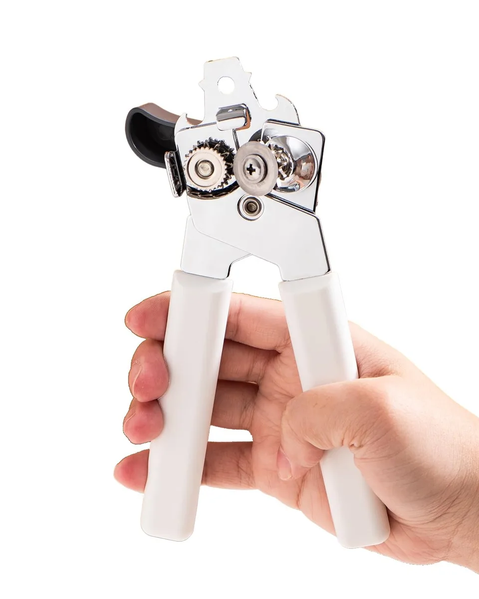 White manual can opener, 7.2 inches long, curved knob, built-in bottle opener