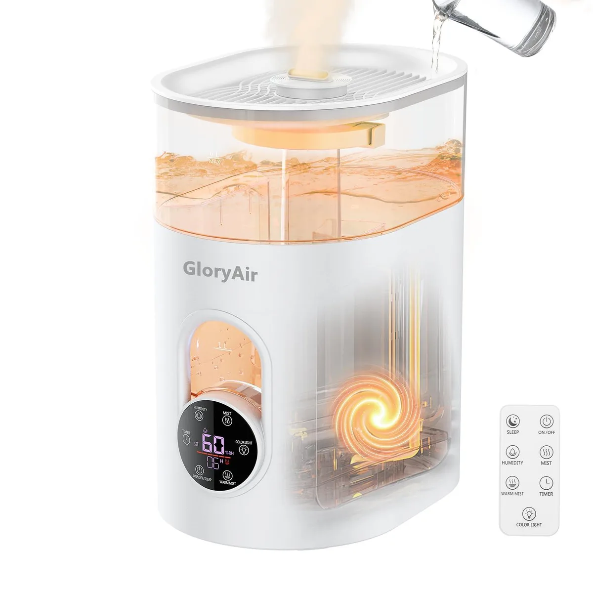 Black ultrasonic humidifier, rectangular tower with white accents, top-fill tank visible