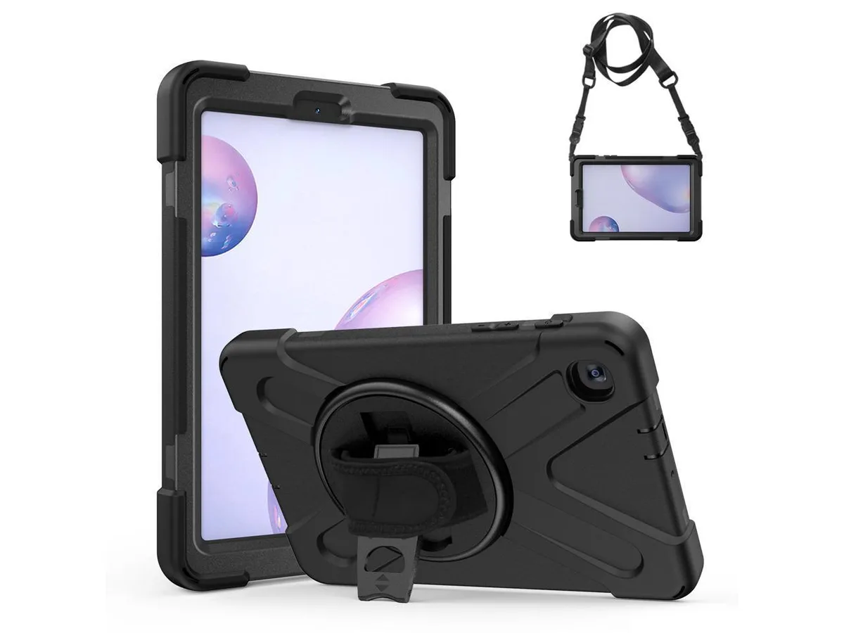 Black rugged case with built-in kickstand and shoulder strap