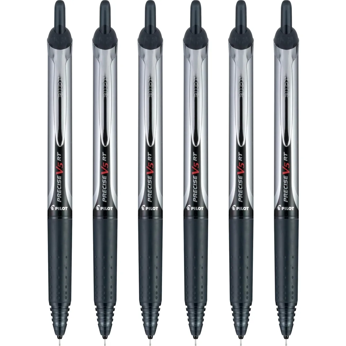 Six blue retractable rollerball pens with rubber grips and metal clips