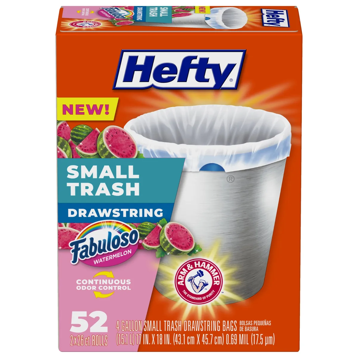 A white plastic box holding 52 watermelon-scented 4-gallon drawstring trash bags