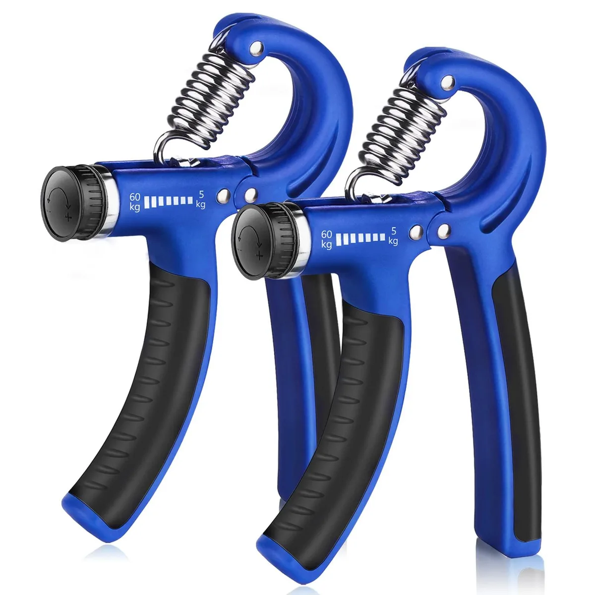 Two blue V-shaped hand grippers with ergonomic handles and metal adjustment dials