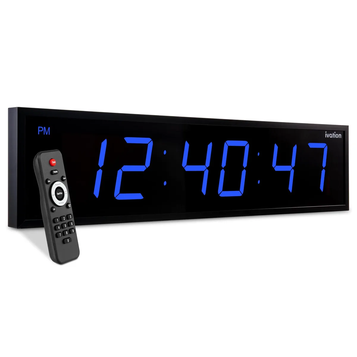 Blue 36 inch digital LED clock with large digits, remote and mounting hardware