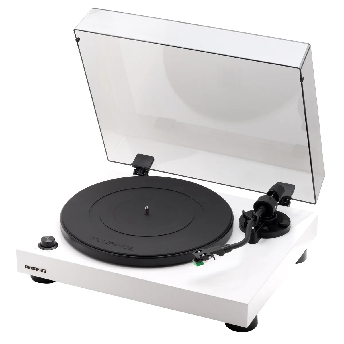 White belt-drive turntable with glossy piano finish, aluminum platter and S-type tonearm