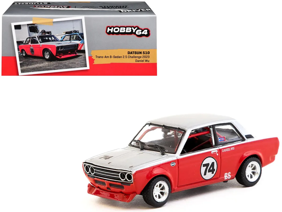 Tarmac Works Tarmac Works Datsun 510 #74 Daniel Wu Trans-Am B-Sedan 2.5 Challenge 2023 Silver Red Hobby64 1/64 Diecast Car — product photo
