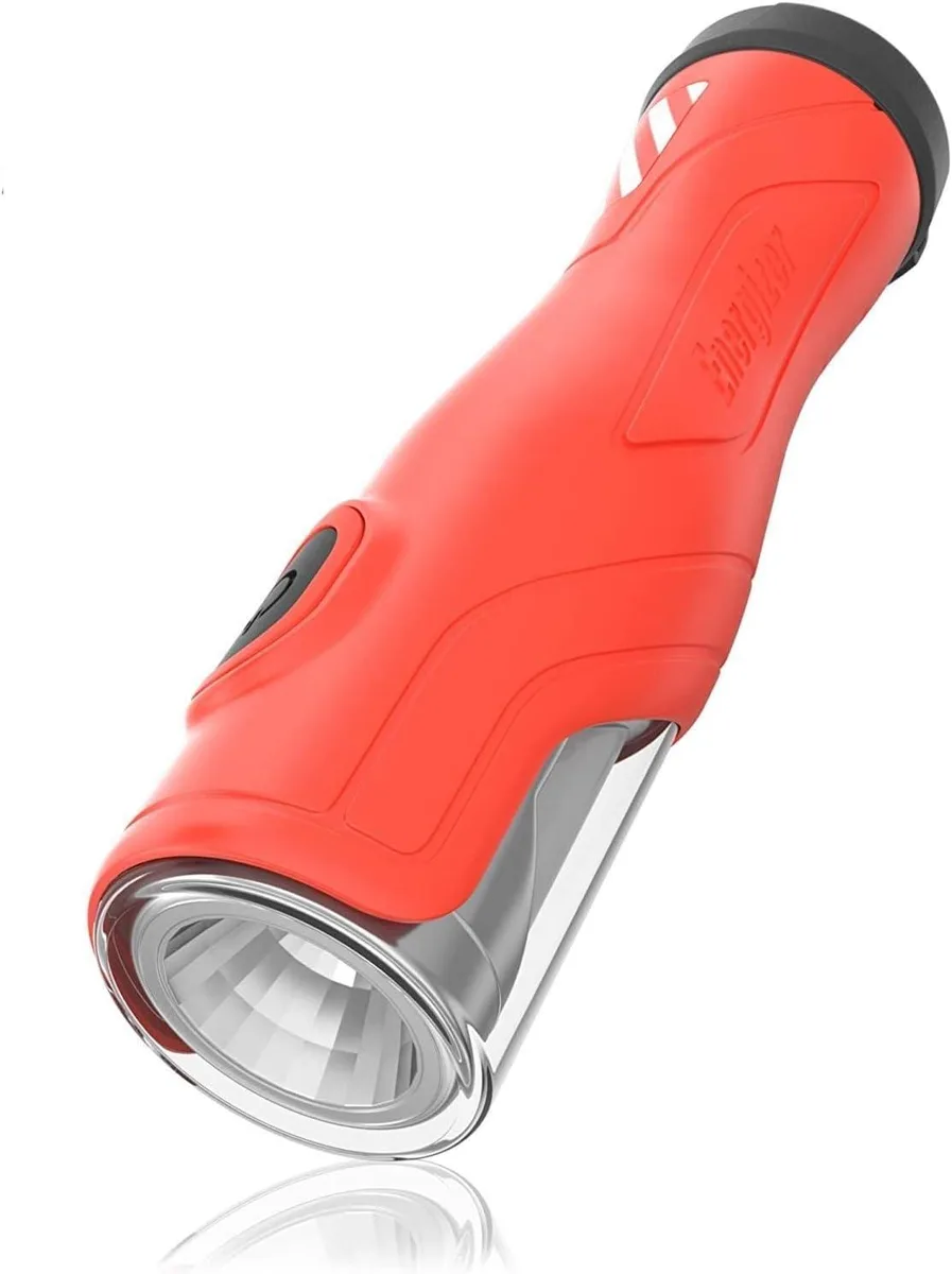 Yellow cylindrical floating flashlight with textured grip and lanyard hole
