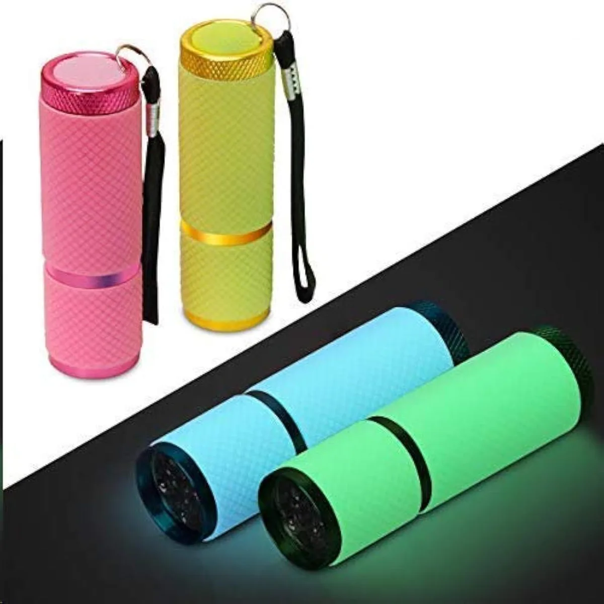 Four rubber-coated mini flashlights with lanyards in green yellow blue and pink