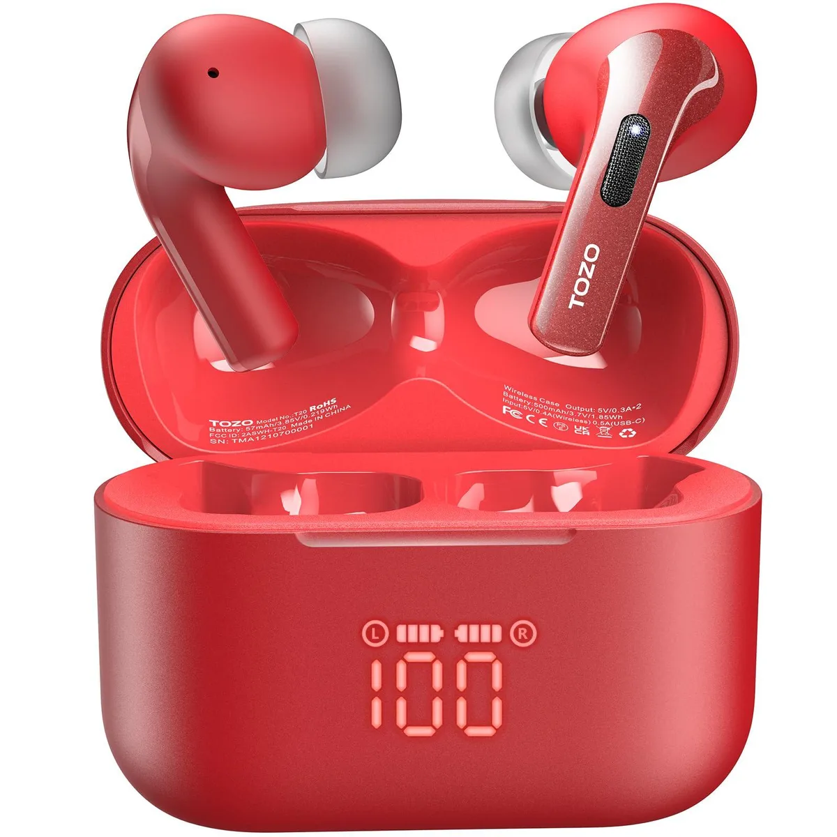 TOZO Store TOZO T20 Wireless Earbuds Bluetooth 5.3 Red — product photo