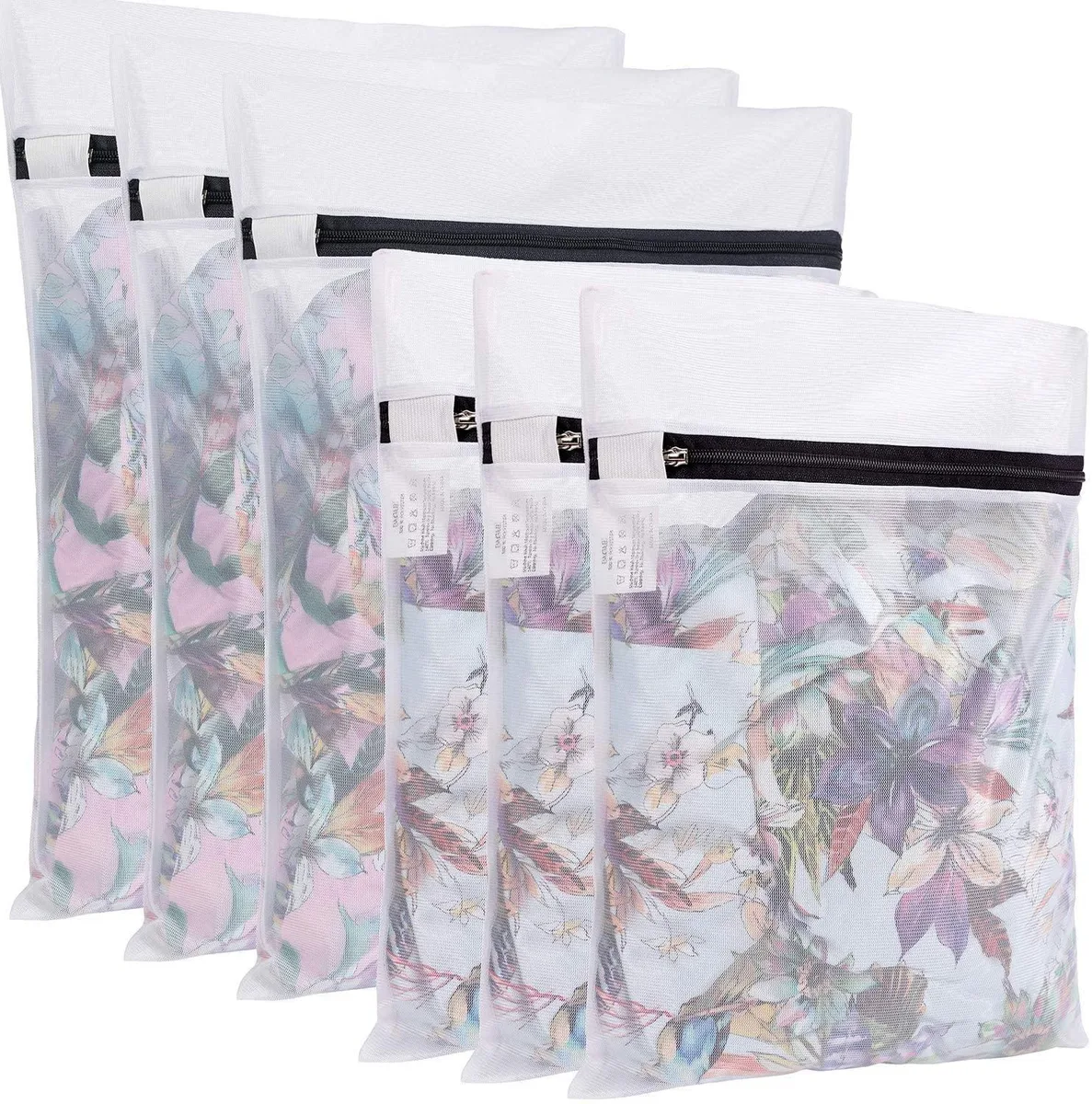 Six pear-coloured mesh laundry bags with zip closures and elastic zipper covers, three large and three medium