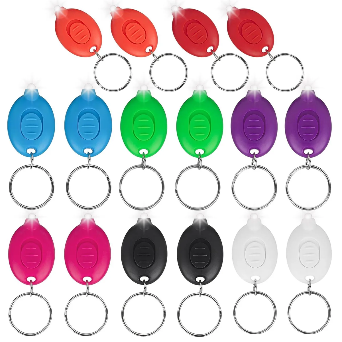 Sixteen tiny white LED keychain flashlights with stainless steel rings