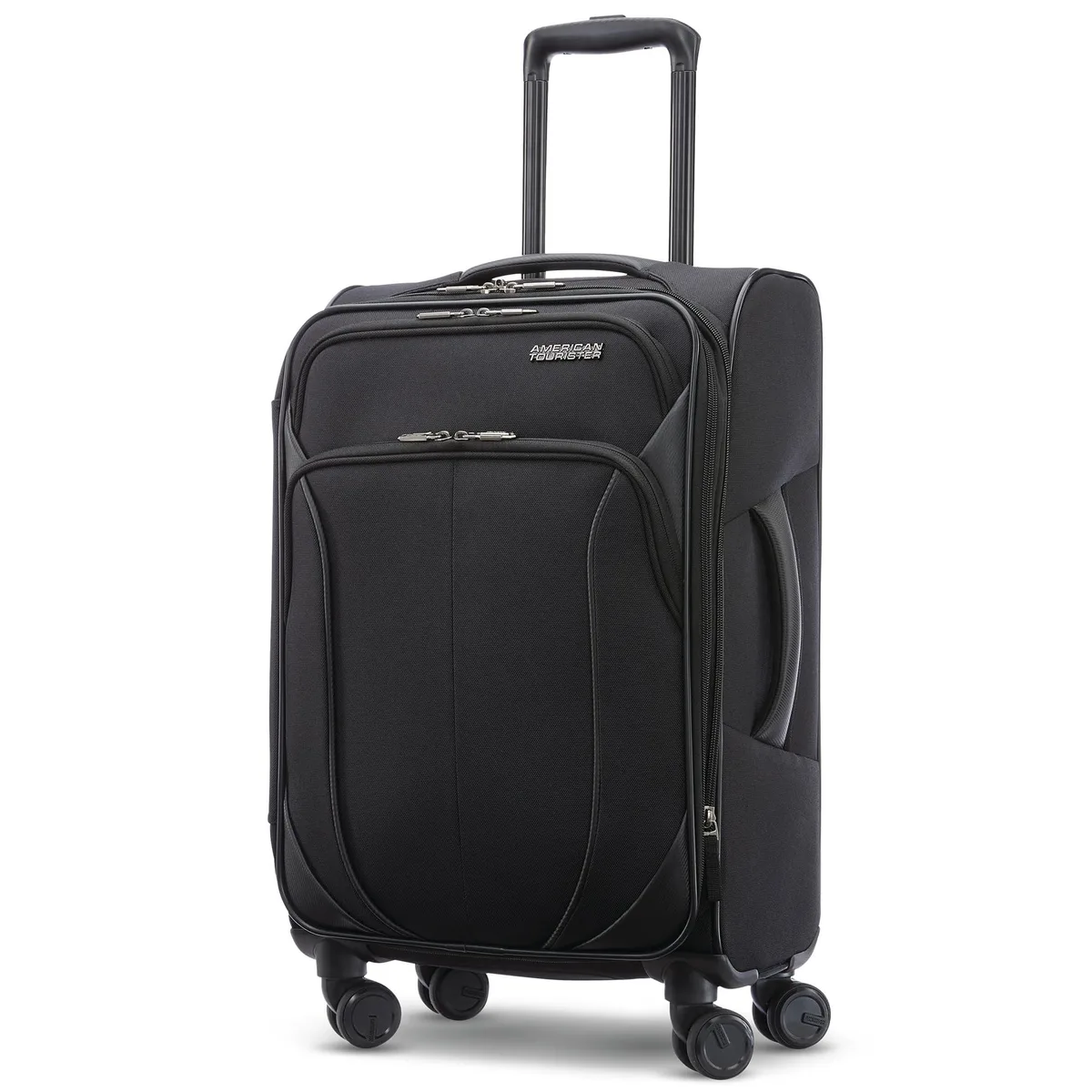 Black softside spinner suitcase with carbon fibre texture handle and gunmetal hardware