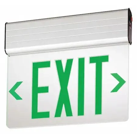 Silver single-face LED exit sign with universal mounting and green letters