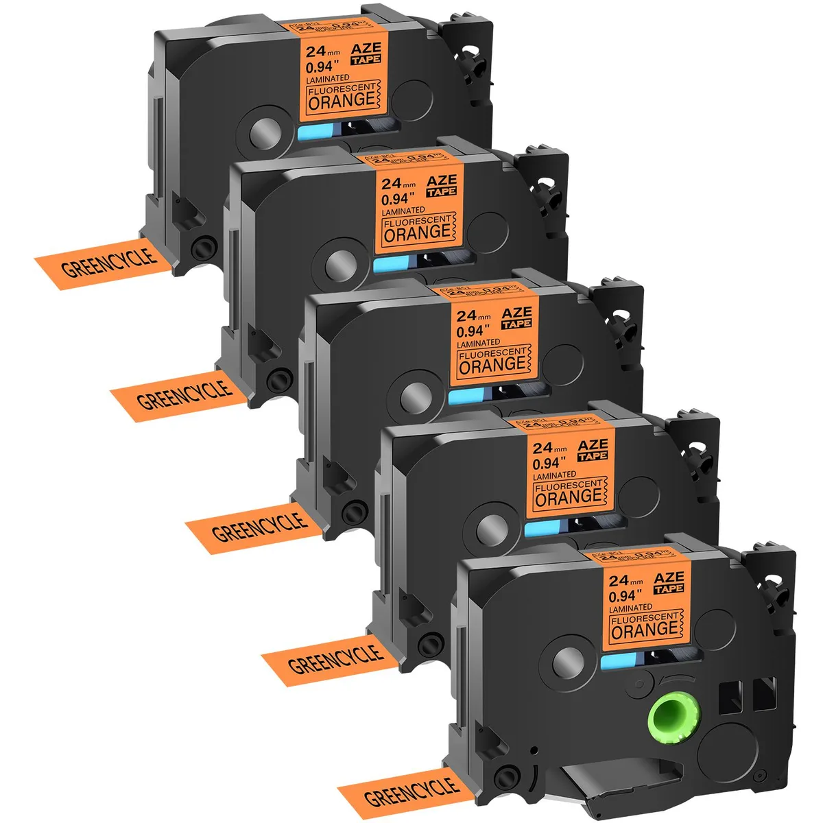 GREENCYCLE GREENCYCLE AZE-B51 24mm 16.4ft Black/Fluorescent Orange Laminated Label 5 Pack — product photo