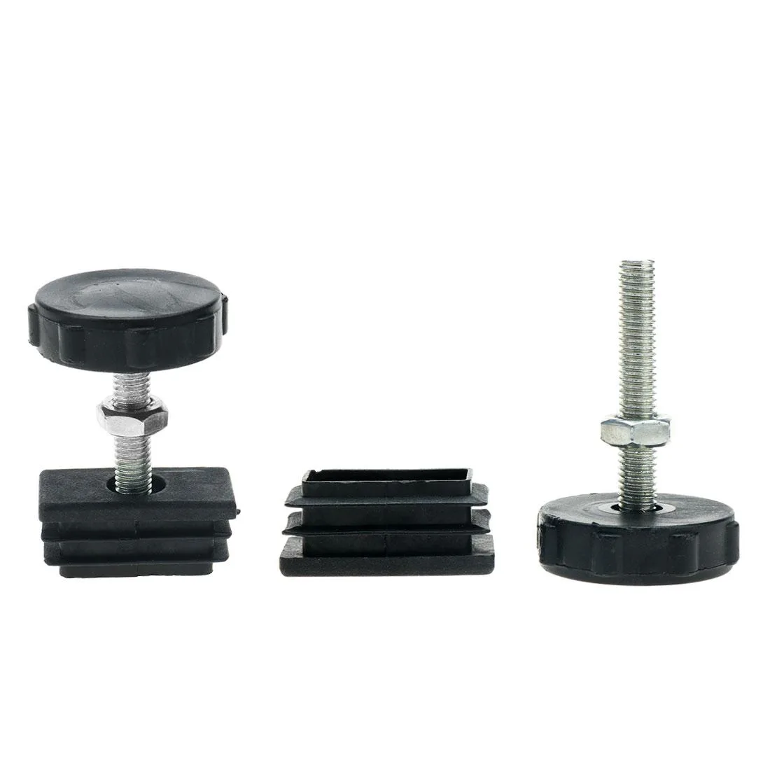 Black rectangular tube inserts with adjustable threaded feet, two sets shown