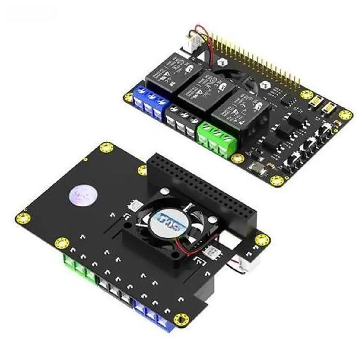 Green Raspberry Pi relay board with dual fans and LED indicator