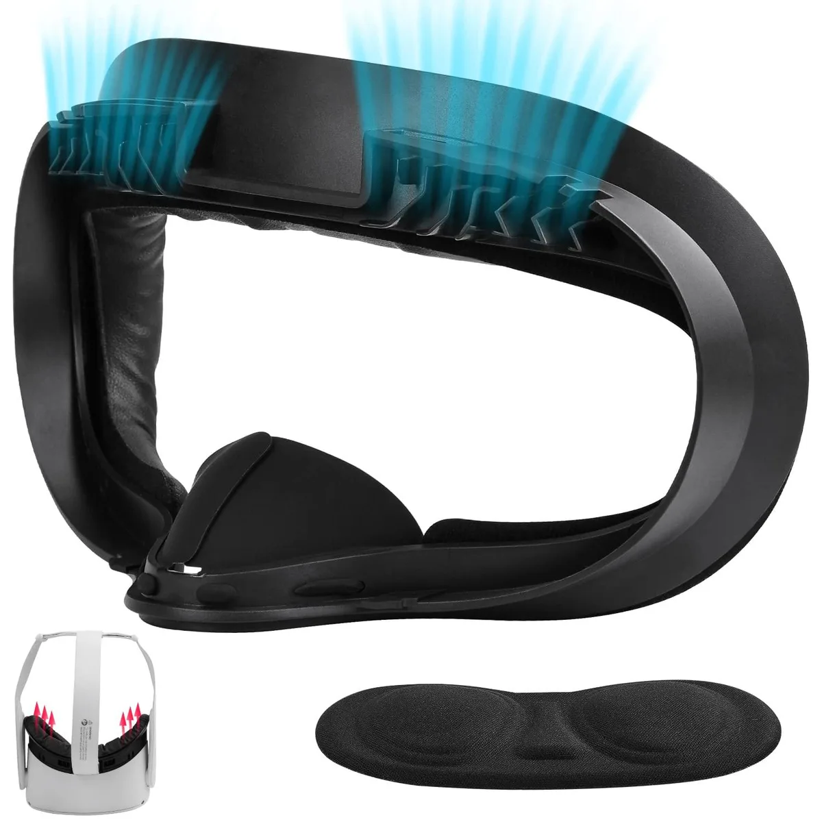 Black facial interface frame with removable foam pads, silicone nose piece and lens cover for Meta Quest 2