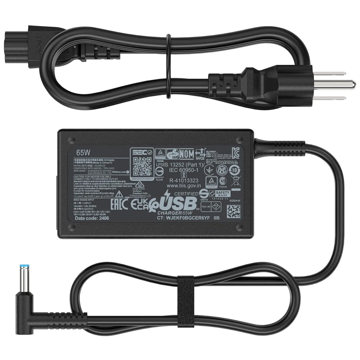  DELL AD195123 65W AC Adapter 19.5V 3.33A 4.5*3.0mm blue tip — product photo