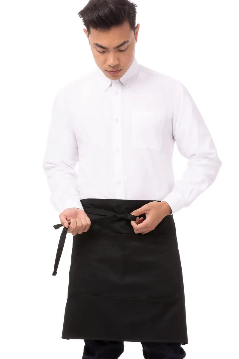 Black half bistro apron with front divided pocket, polycotton fabric, waist ties