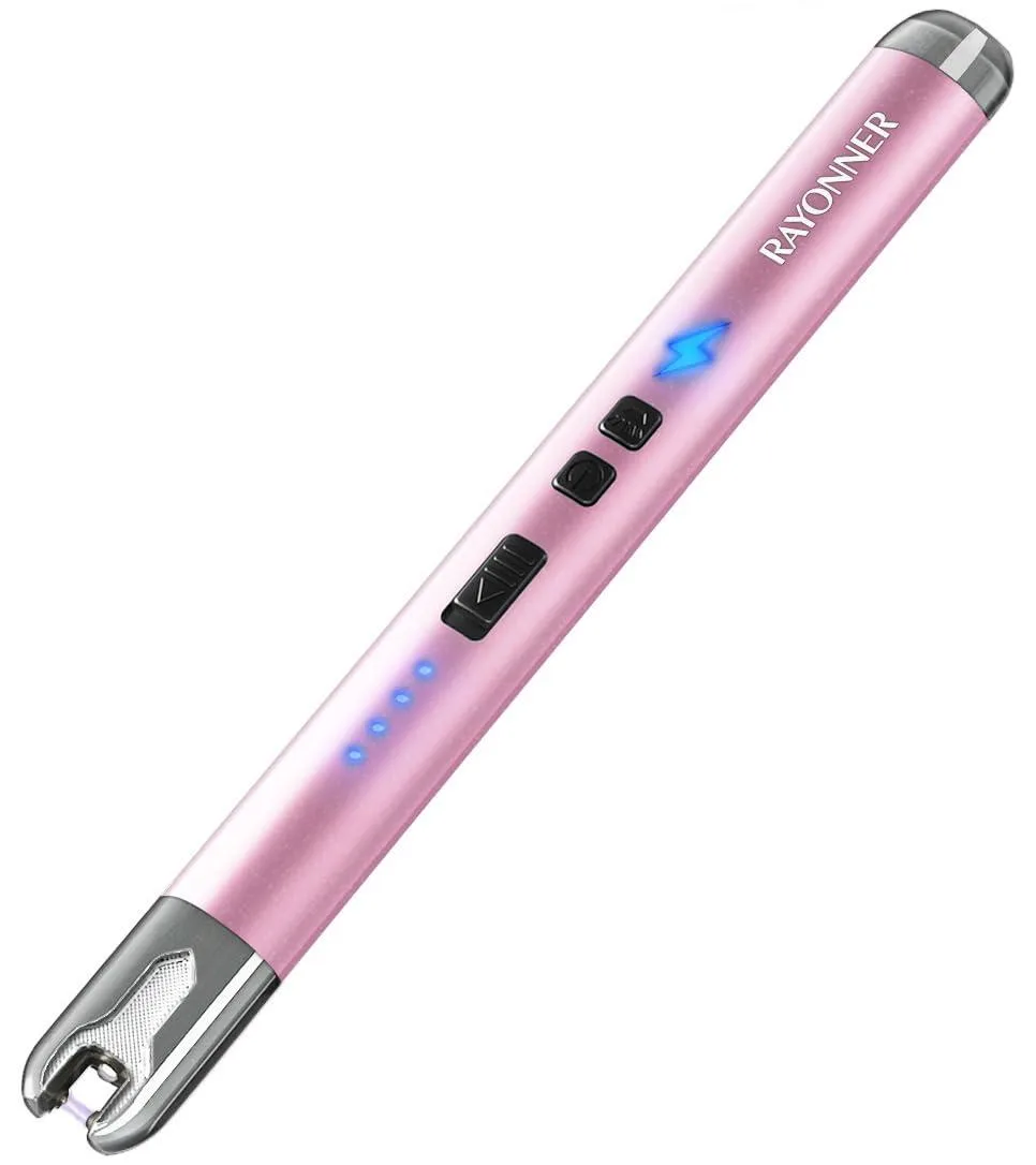 Pink electric arc lighter with flashlight, stainless steel body, 7.48 x .59 x .59 inches