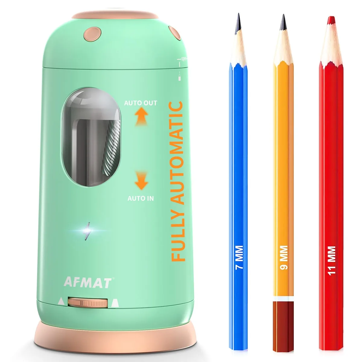 Light green electric pencil sharpener with ABS housing and automatic feed mechanism