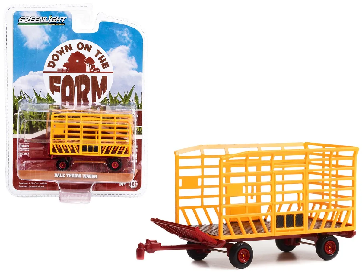 GREENLIGHT GREENLIGHT Bale Throw Wagon Yellow and Red "Down on the Farm" Series 7 1/64 Diecast Model hobby collectible — product photo