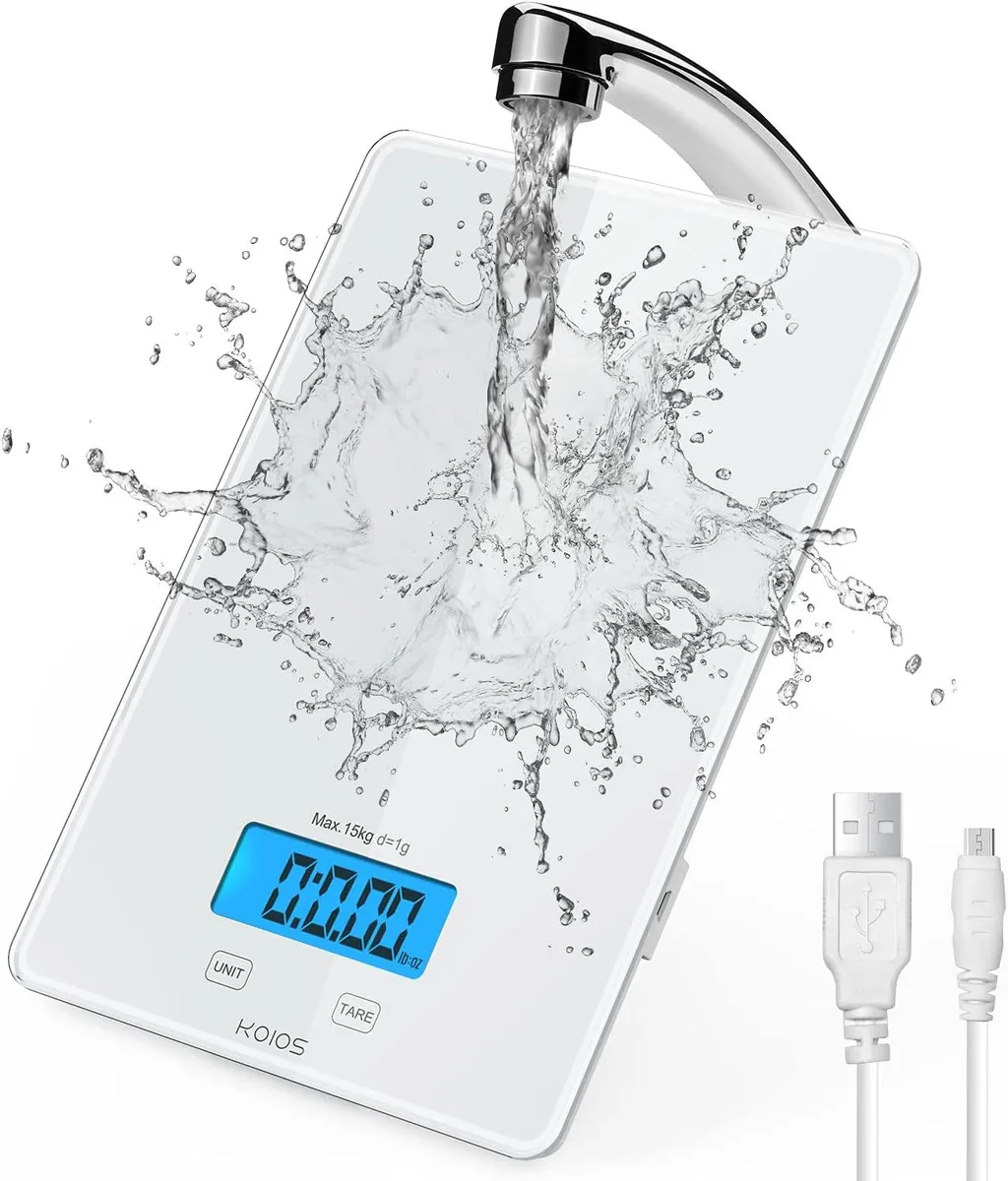 White rectangular digital kitchen scale with smooth tempered glass surface and touch controls